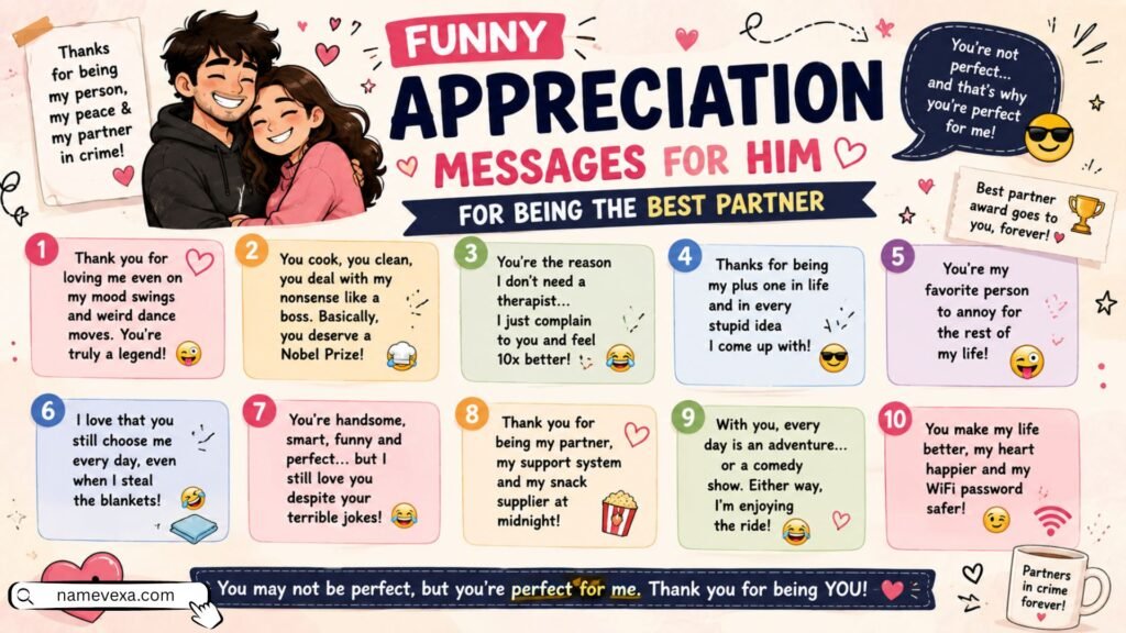 Funny Appreciation Messages for Him for Being the Best Partner